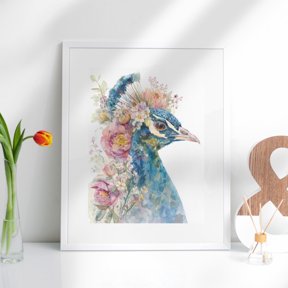 Watercolor Floral Peacock Wall Art Illustration Print Poster Card Unframed - Picture 8 of 9